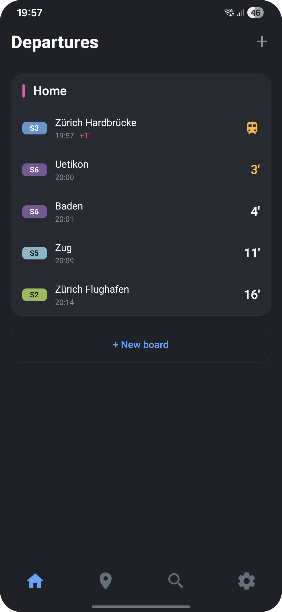A BoardingNext dashboard showing two departure boards with live countdowns